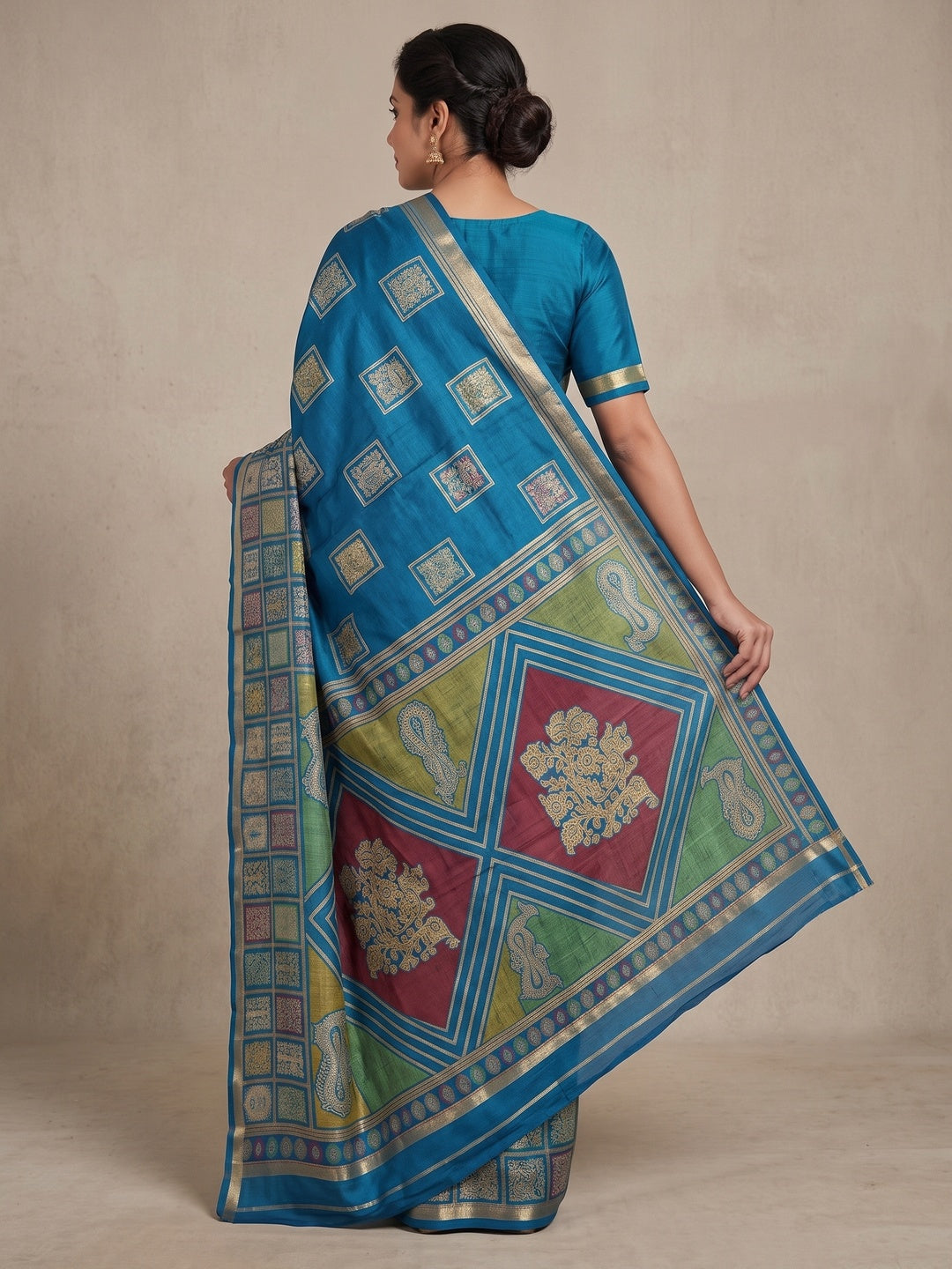 Peachmode Teal Blue Heritage Patchwork Printed Tussar Silk Saree With Zari Border - Image 5