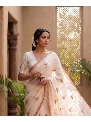 Peachmode Ivory Brown Bird Thread Work Linen Saree With Temple Edging - Image 1