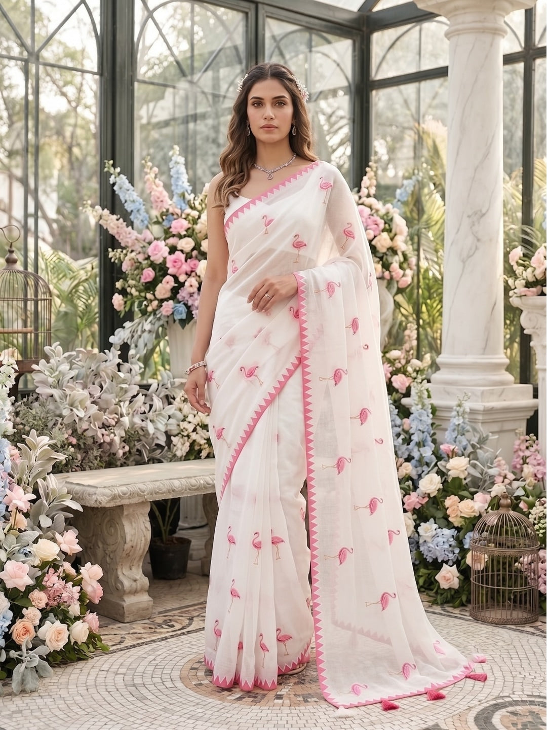 Peachmode Ivory Pink Flamingo Thread Work Linen Saree With Temple Edging - Image 2