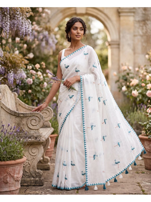 Peachmode Ivory Teal Blue Peacock Thread Work Linen Saree With Temple Edging - Image 1