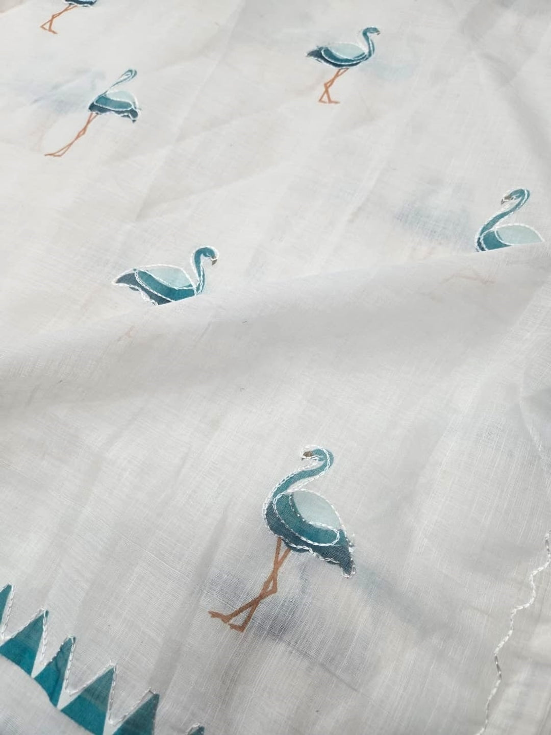 Peachmode Ivory Teal Blue Peacock Thread Work Linen Saree With Temple Edging - Image 5