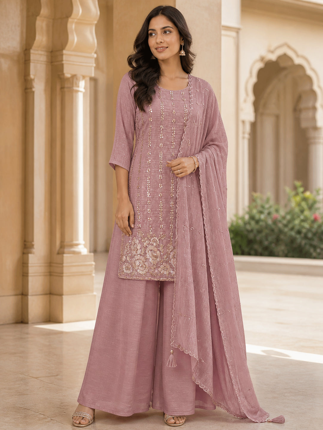 Peachmode Dusty Pink Silk Blend Sequins Embellished Palazzo Salwar Suit - Image 1