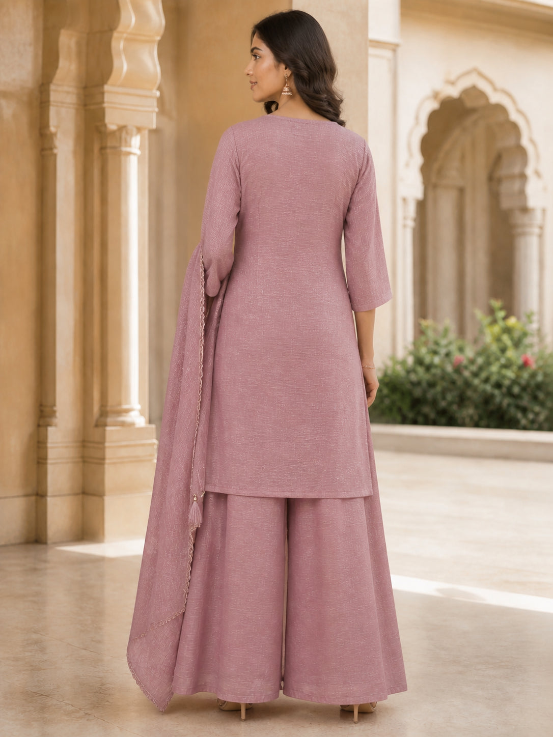 Peachmode Dusty Pink Silk Blend Sequins Embellished Palazzo Salwar Suit - Image 4