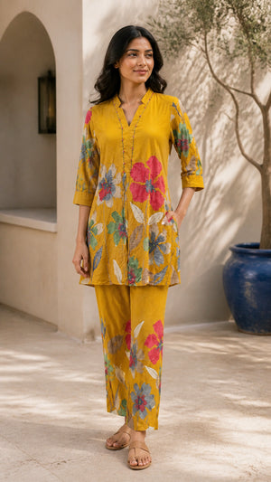 Peachmode Mustard Rayon Floral Printed Co-ord Set - Image 1