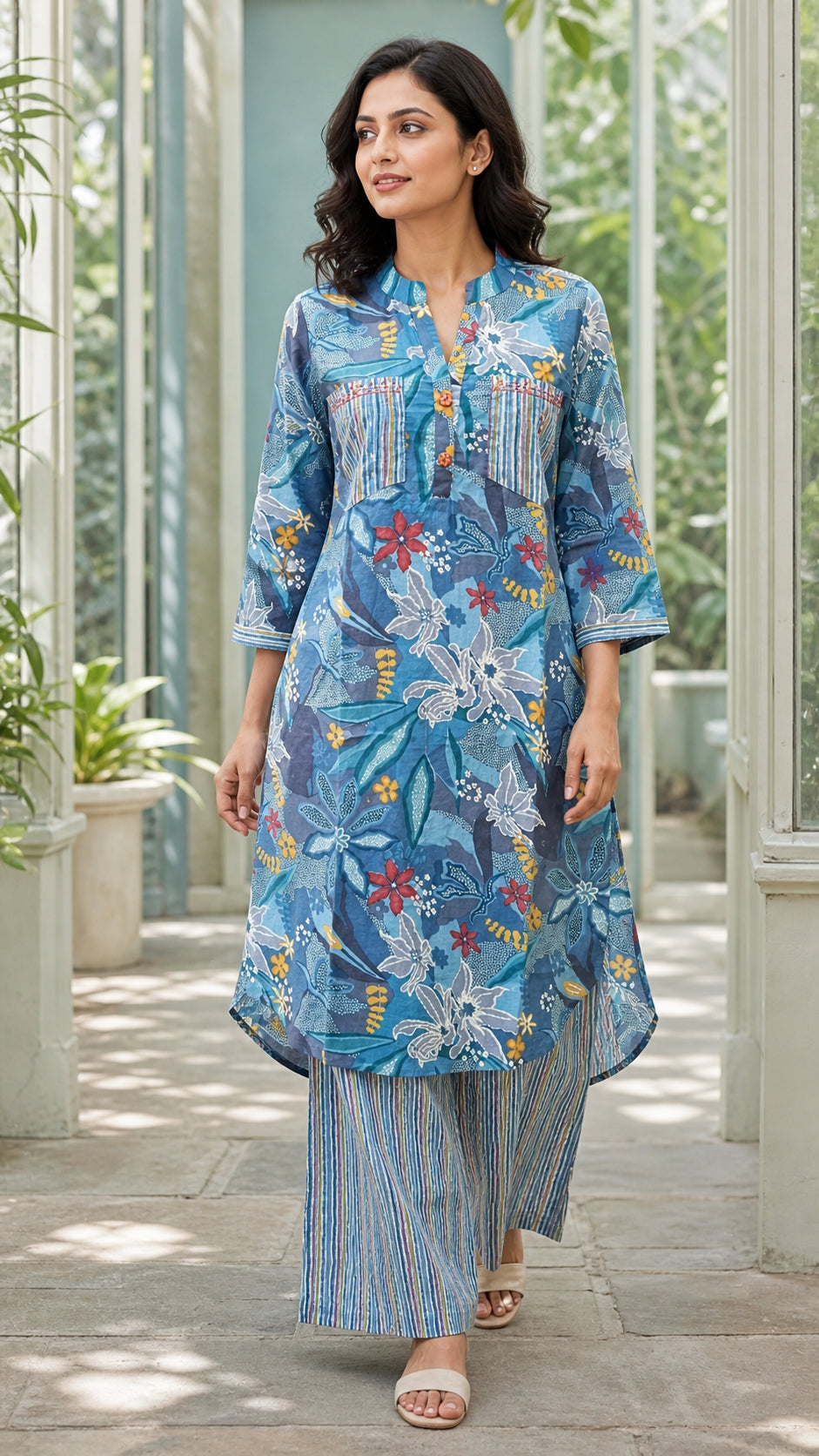 Peachmode Blue Cotton Botanical Printed Palazzo Co-ord Set - Image 1