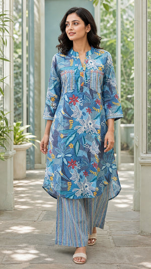 Peachmode Blue Cotton Botanical Printed Palazzo Co-ord Set - Image 1