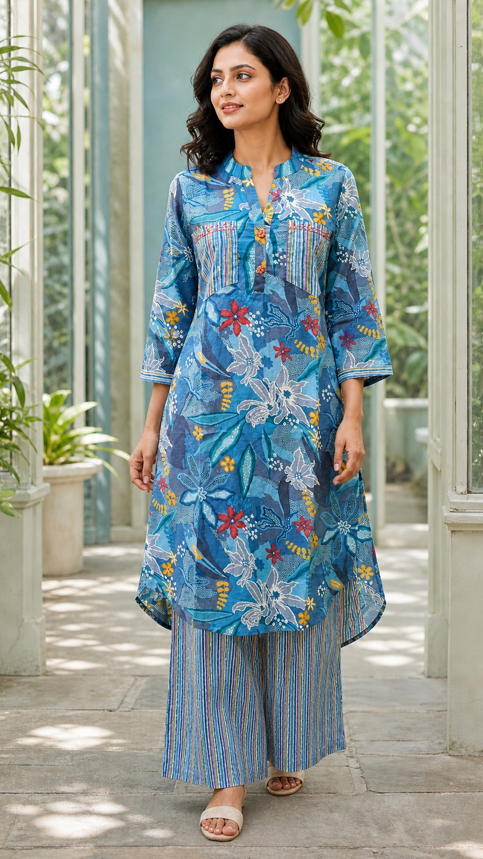 Peachmode Blue Cotton Botanical Printed Palazzo Co-ord Set - Image 5