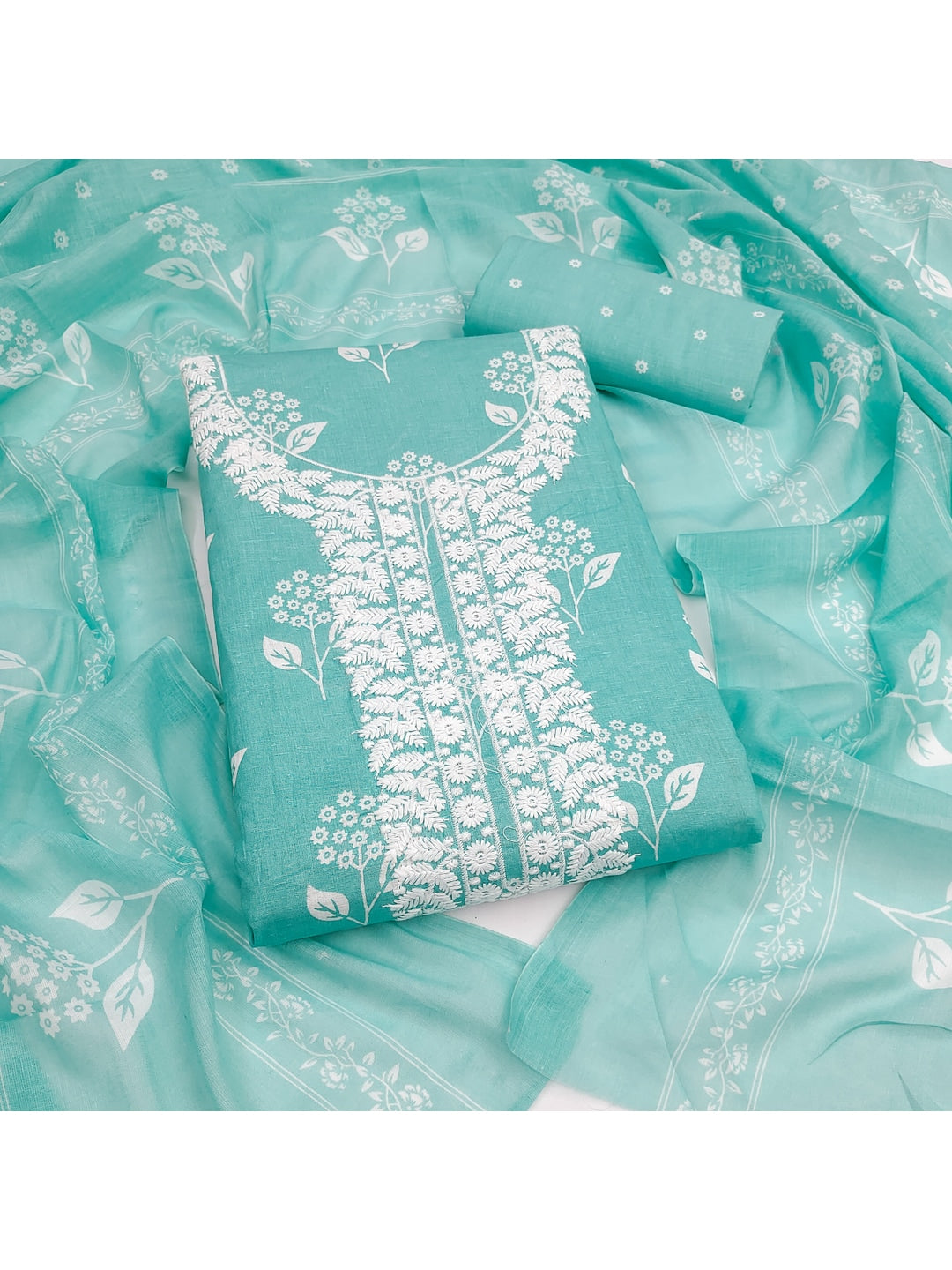 Peachmode Turquoise Floral Unstitched Dress Material - Image 1
