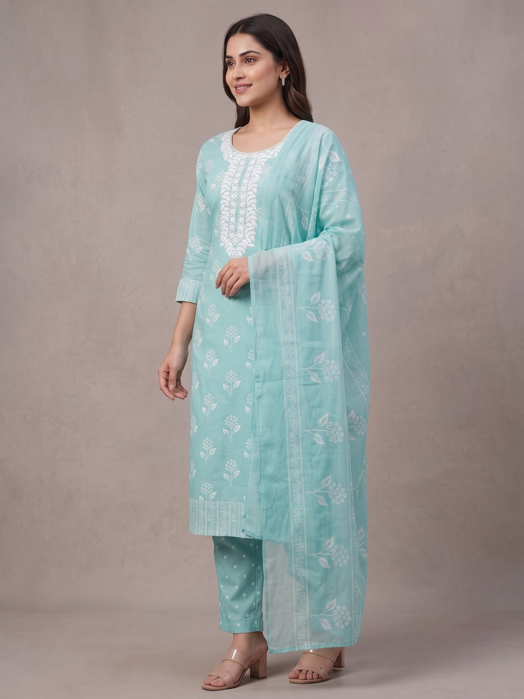Peachmode Turquoise Floral Unstitched Dress Material - Image 5
