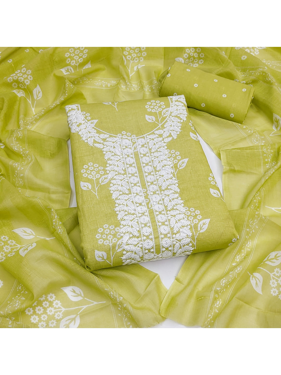 Peachmode Lime Green Floral Unstitched Dress Material - Image 1