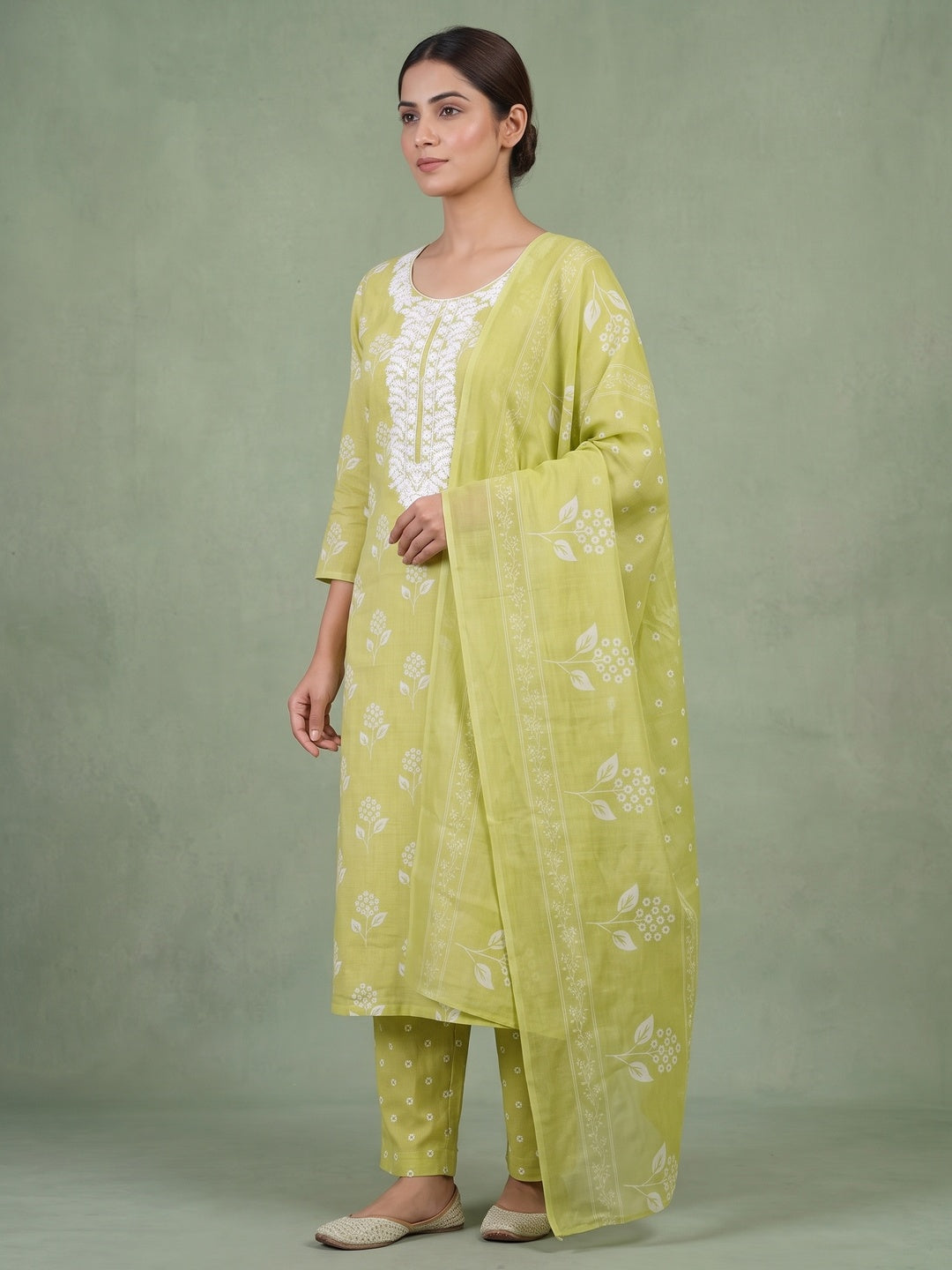 Peachmode Lime Green Floral Unstitched Dress Material - Image 5