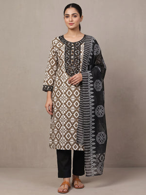 Peachmode Brown Geometric Unstitched Dress Material - Image 2