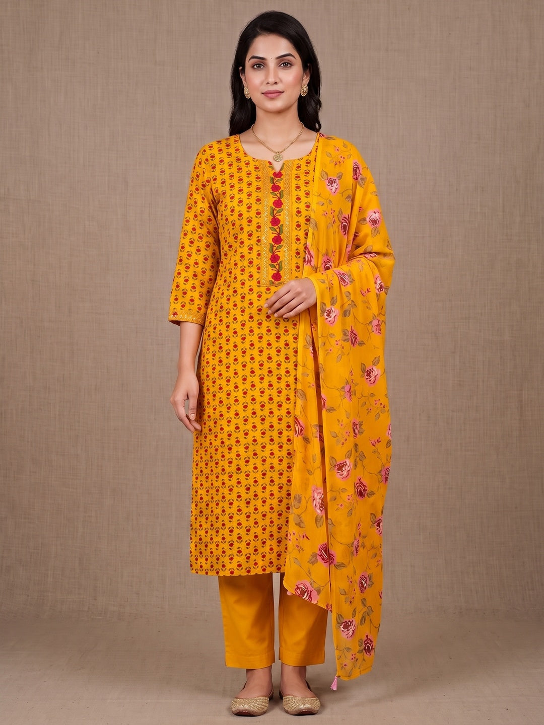Peachmode Mustard Floral Unstitched Dress Material - Image 4