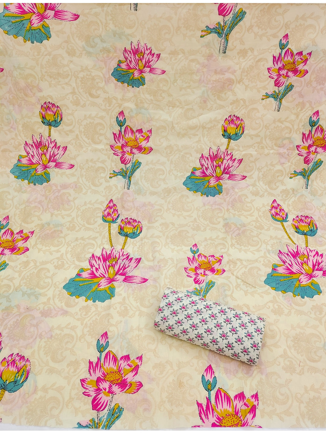 Peachmode Cream Lotus Floral Two-Piece Unstitched Dress Material - Image 3