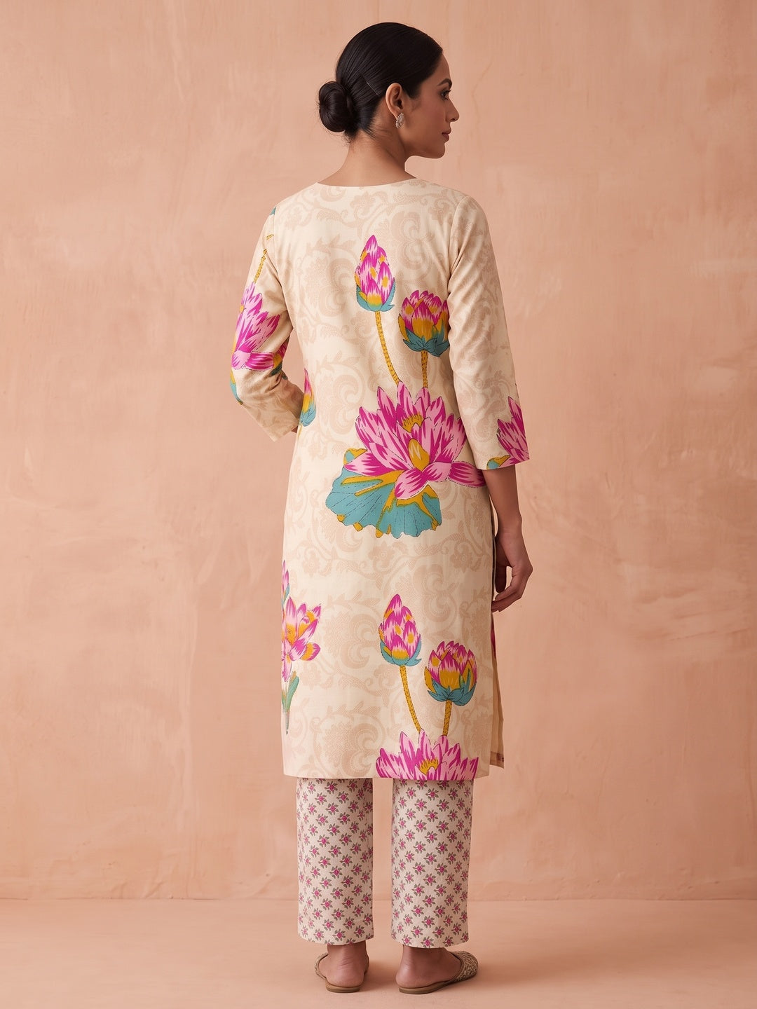 Peachmode Cream Lotus Floral Two-Piece Unstitched Dress Material - Image 5
