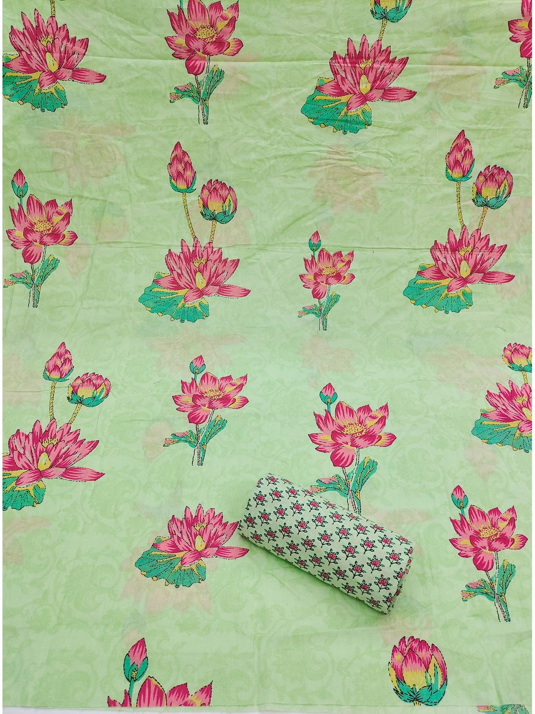 Peachmode Lime Green Lotus Floral Two-Piece Unstitched Dress Material - Image 3