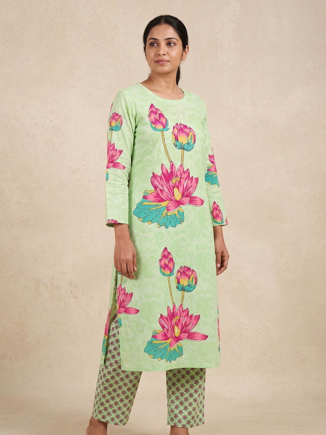 Peachmode Lime Green Lotus Floral Two-Piece Unstitched Dress Material - Image 2
