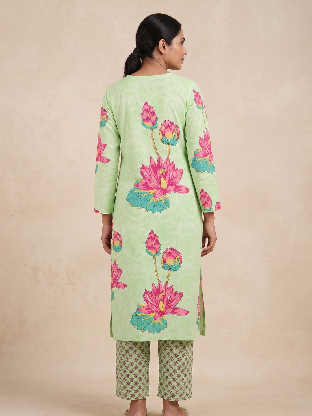 Peachmode Lime Green Lotus Floral Two-Piece Unstitched Dress Material - Image 5