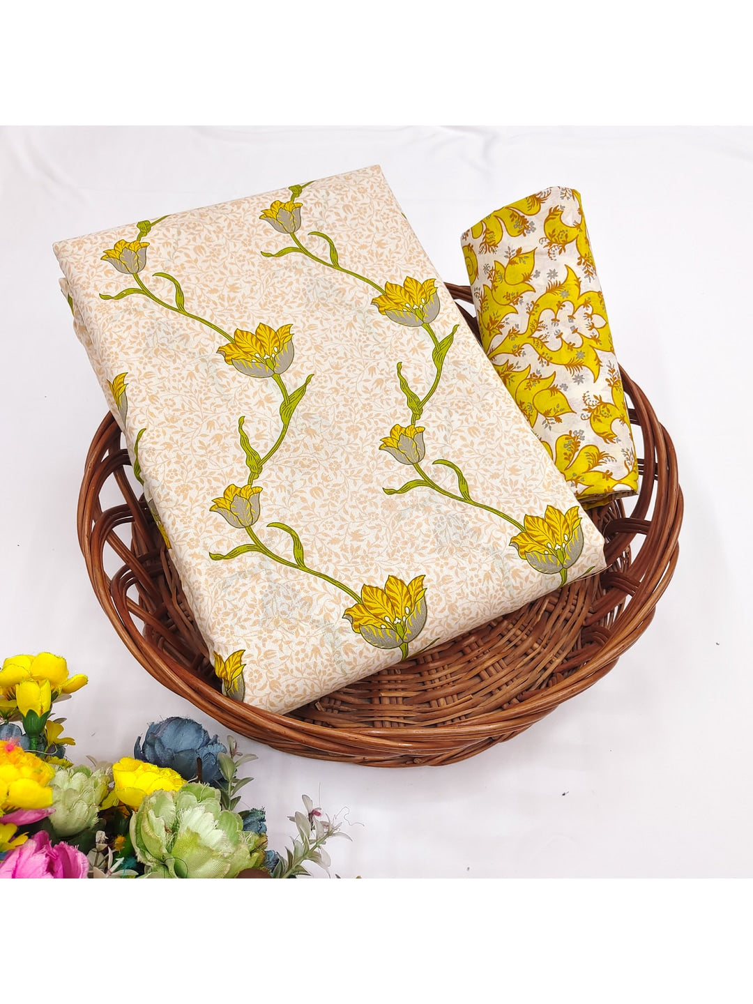 Peachmode Mustard Floral Two-Piece Unstitched Dress Material - Image 1