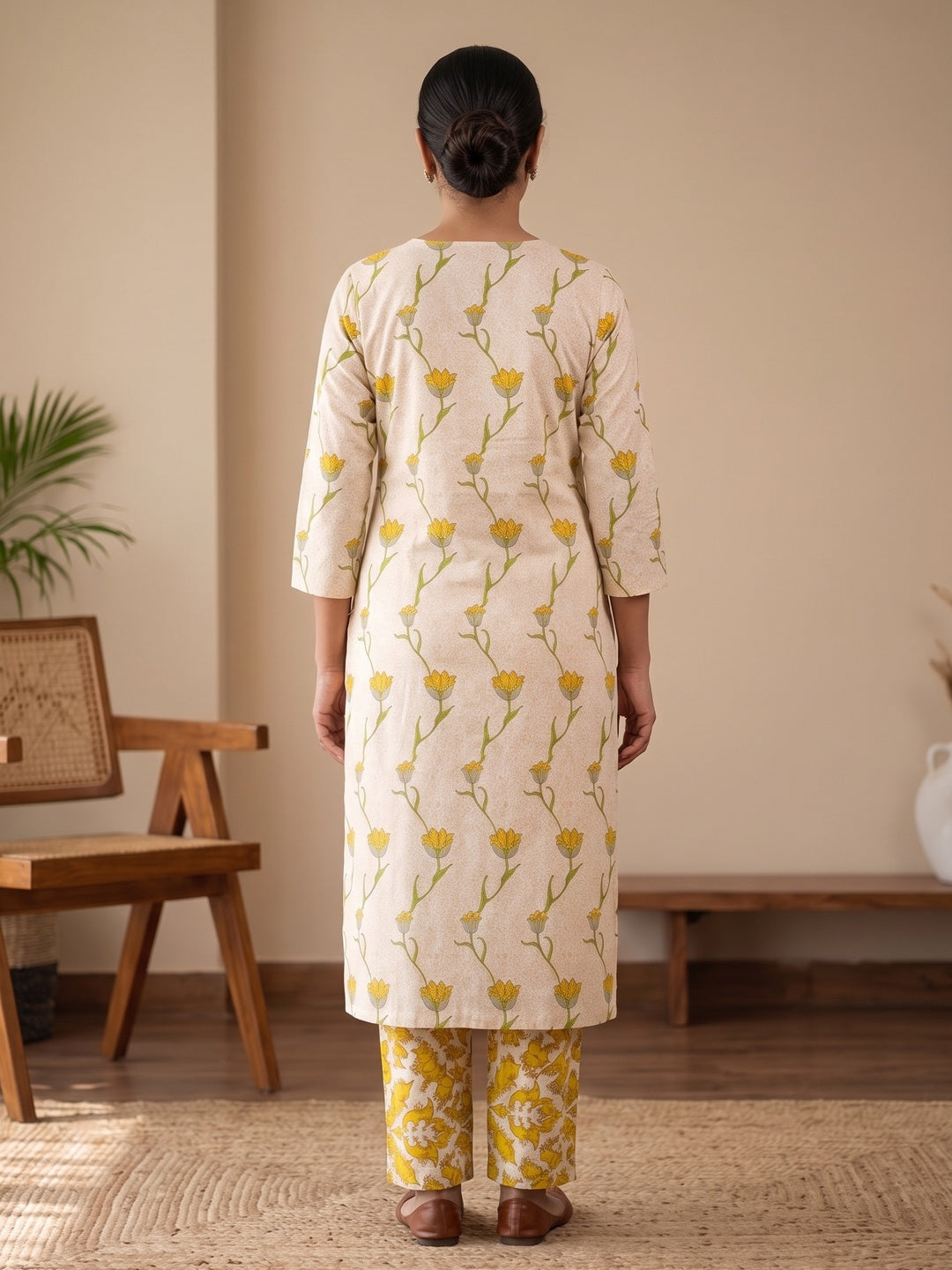Peachmode Mustard Floral Two-Piece Unstitched Dress Material - Image 5