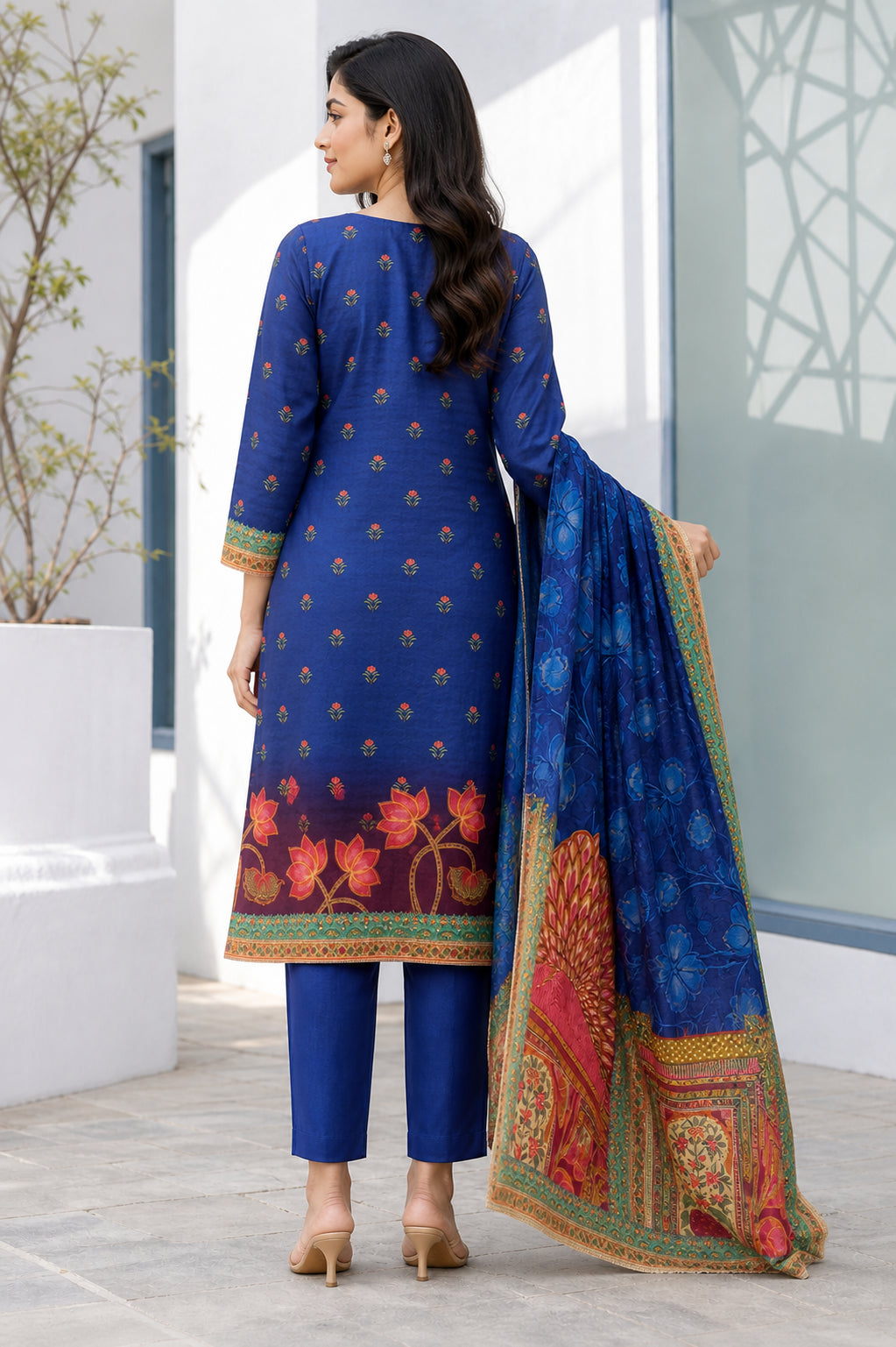 Peachmode Royal Blue Muslin Floral Embroidered Salwar Suit - Image 4