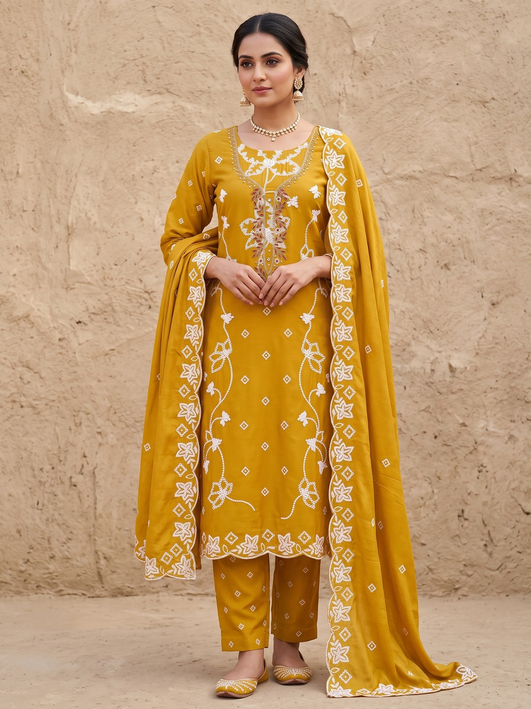 Peachmode Mustard Unstitched Dress Material - Image 2