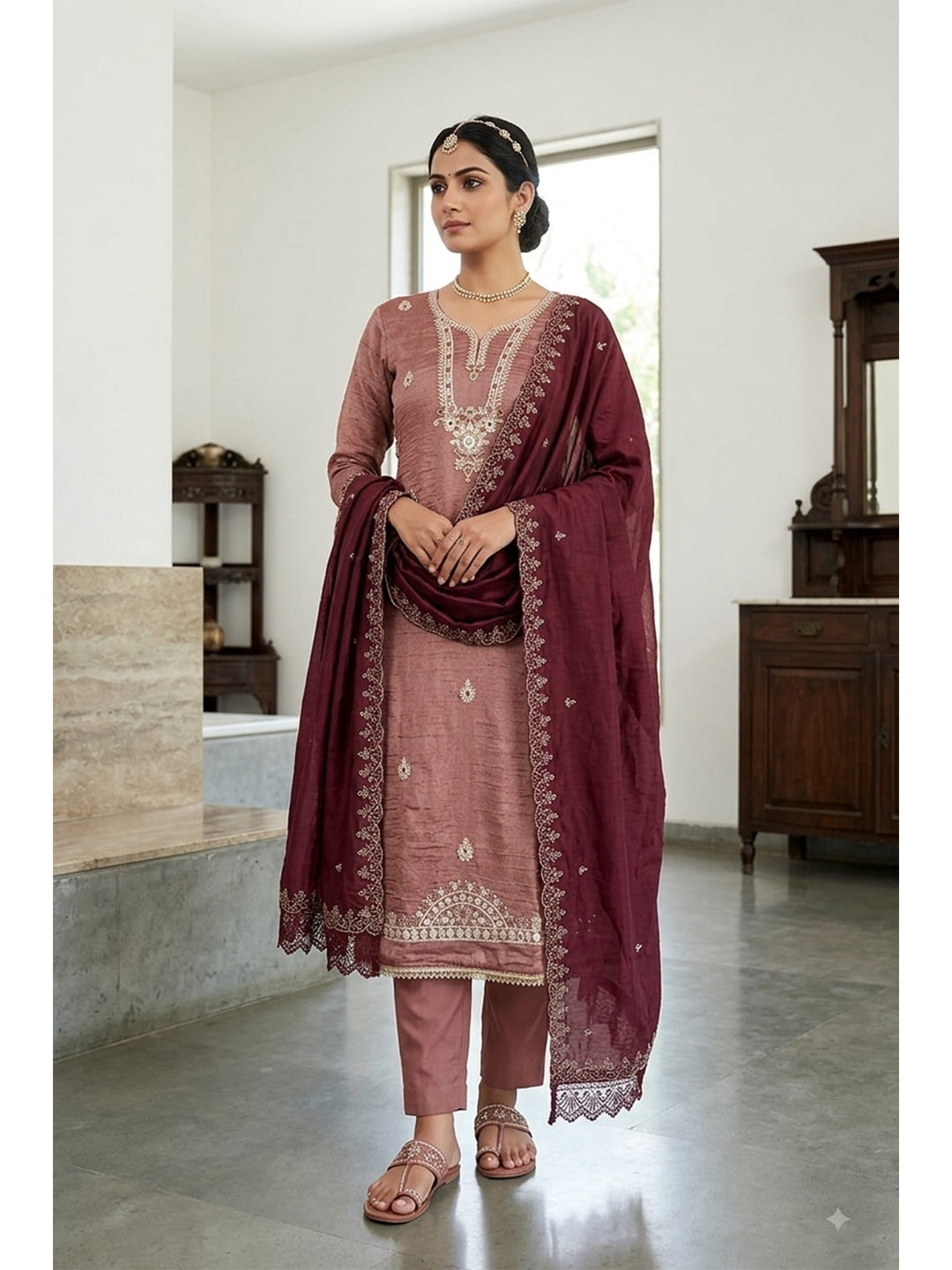 Peachmode Maroon Unstitched Dress Material - Image 3