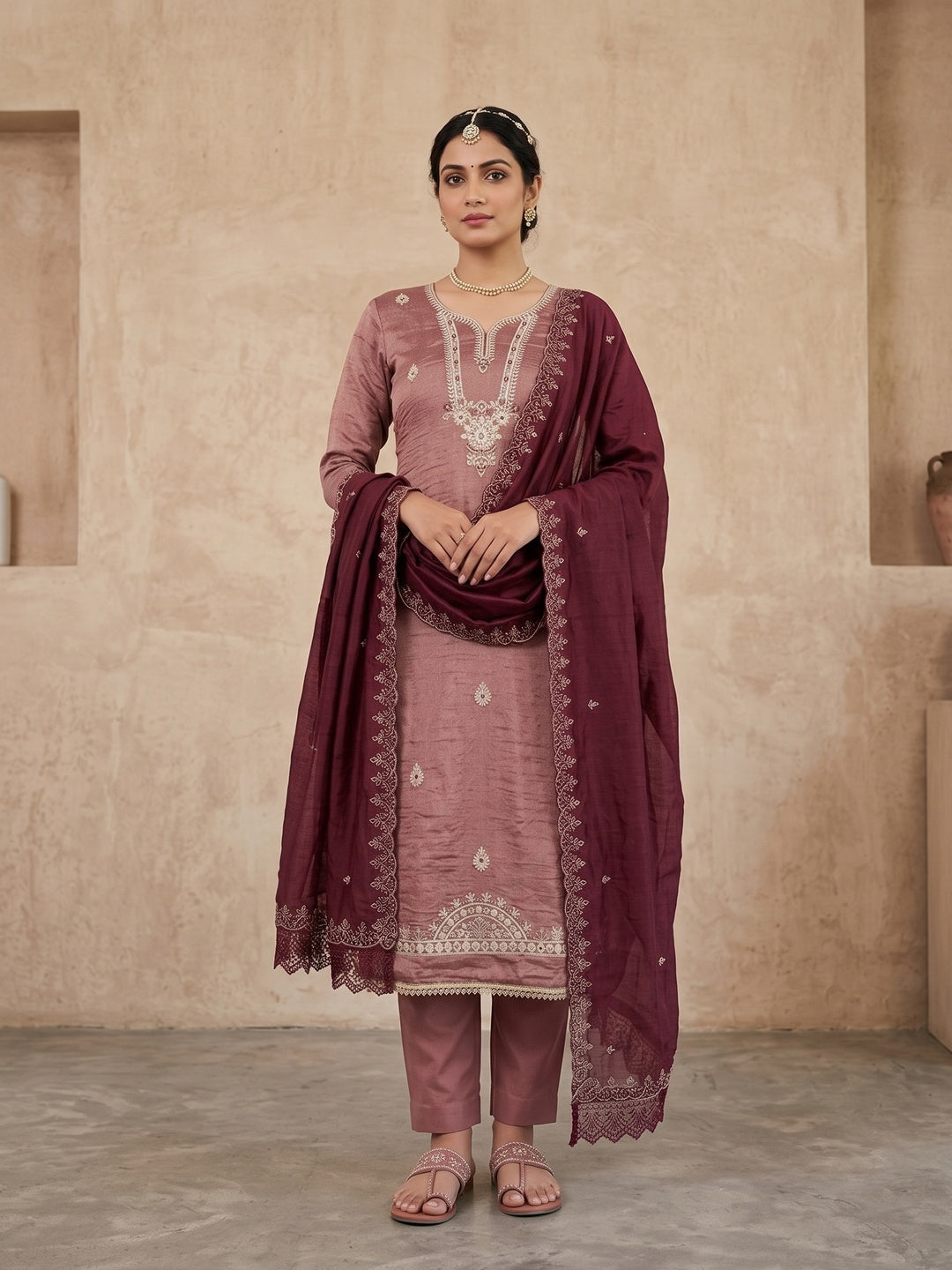 Peachmode Maroon Unstitched Dress Material - Image 2