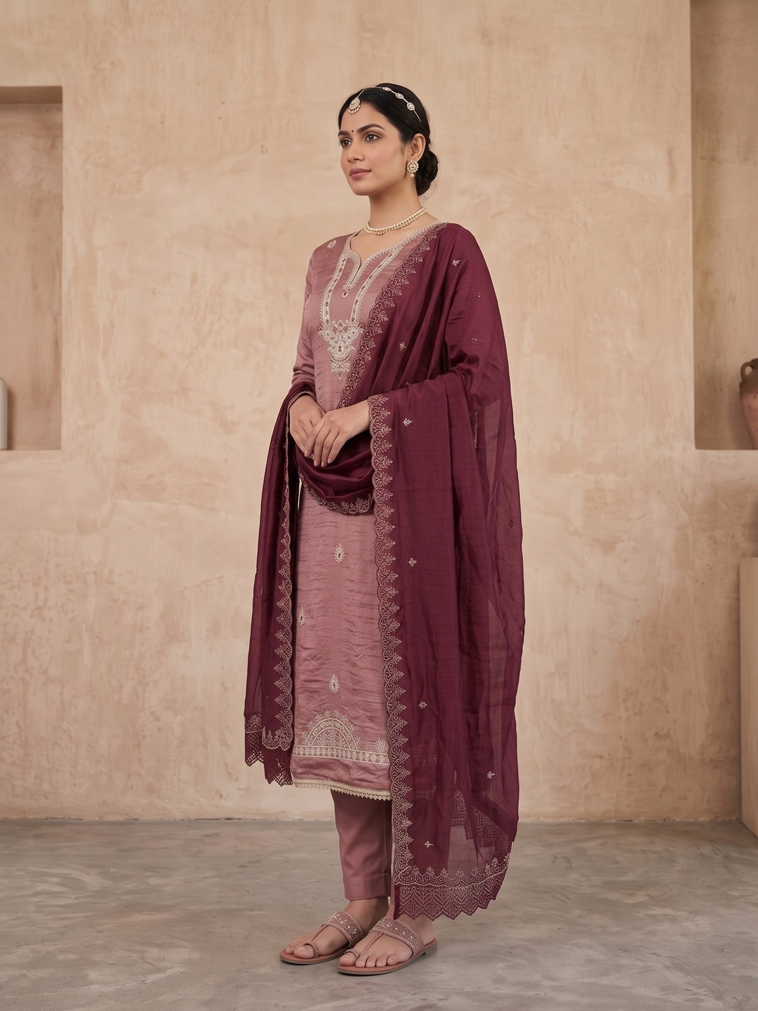 Peachmode Maroon Unstitched Dress Material - Image 4