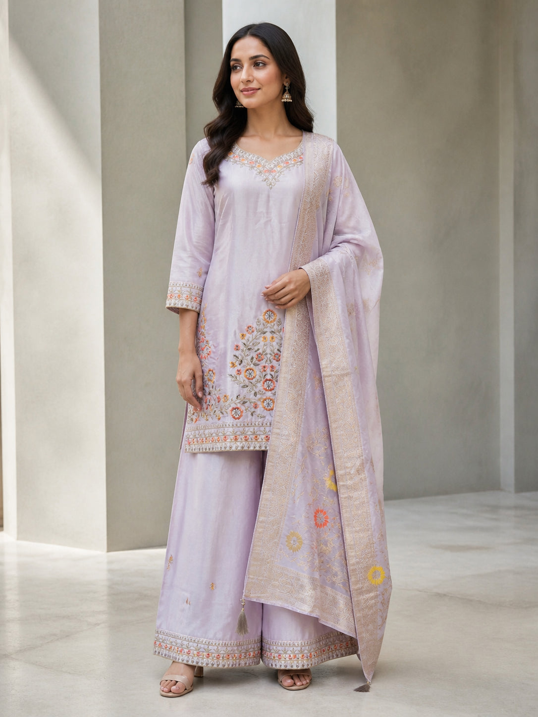 Peachmode Lavender Viscose Blend Floral Embroidered Salwar Suit - Image 1