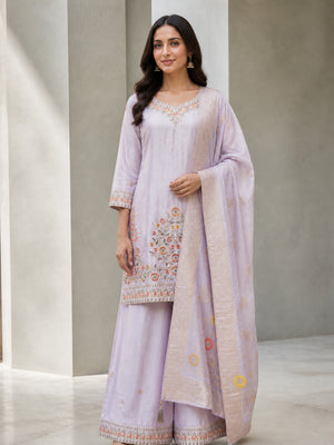 Peachmode Lavender Viscose Blend Floral Embroidered Salwar Suit - Image 2