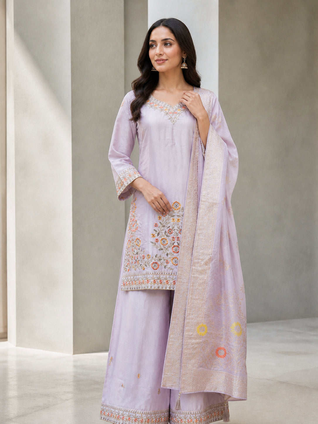Peachmode Lavender Viscose Blend Floral Embroidered Salwar Suit - Image 5