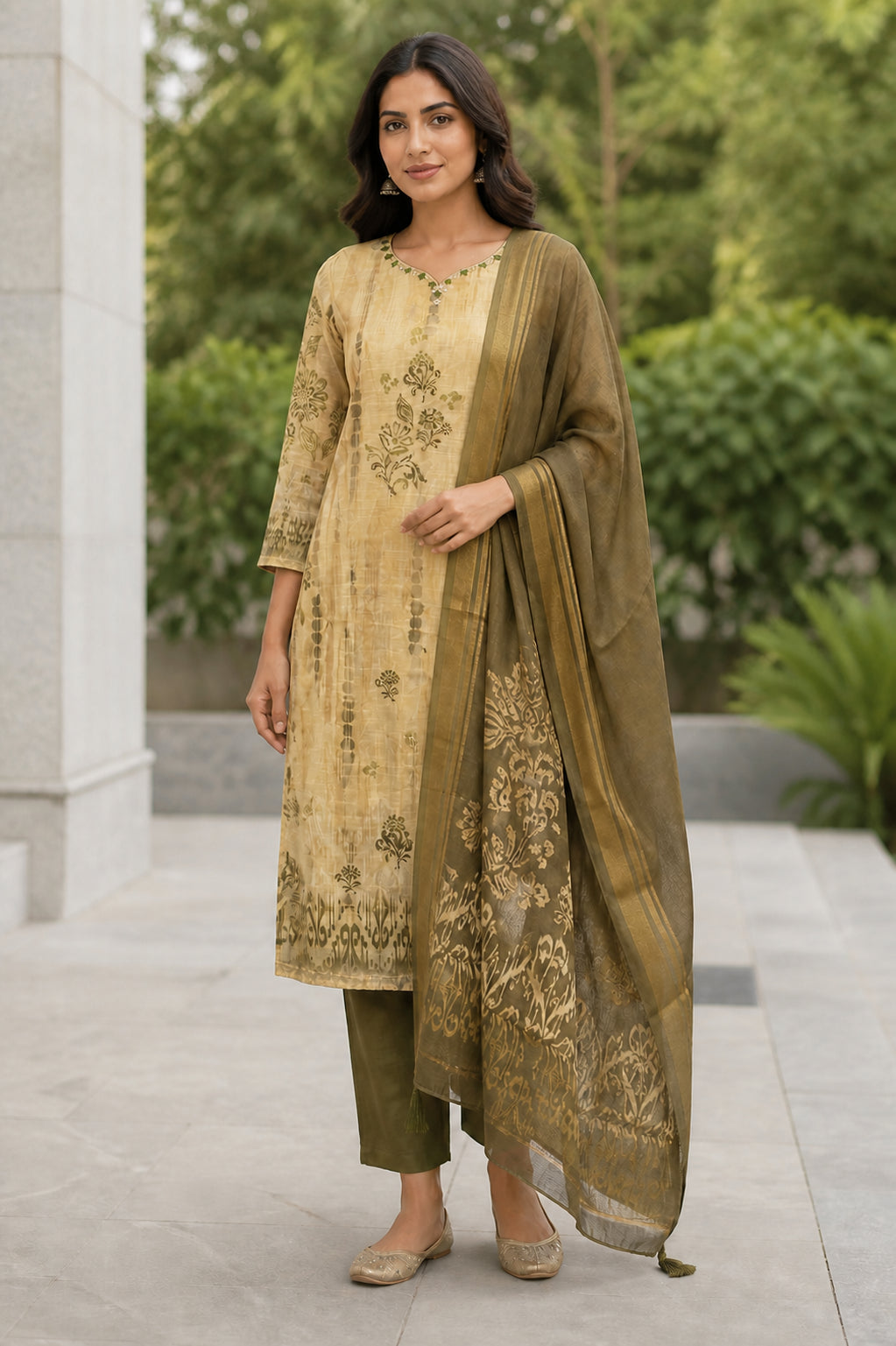 Peachmode Beige Linen Blend Olive Floral Printed Salwar Suit - Image 5