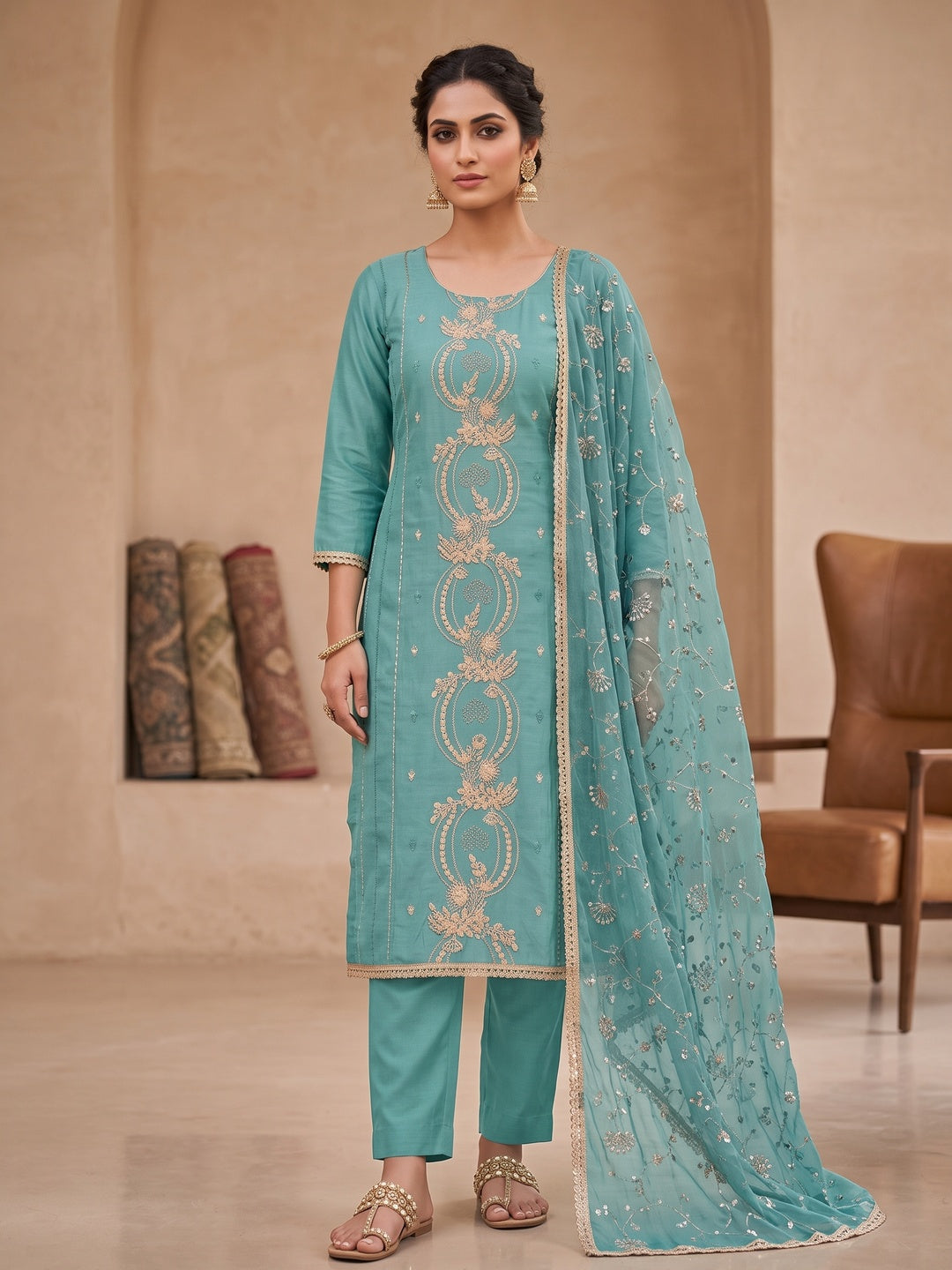 Peachmode Turquoise Unstitched Dress Material - Image 2