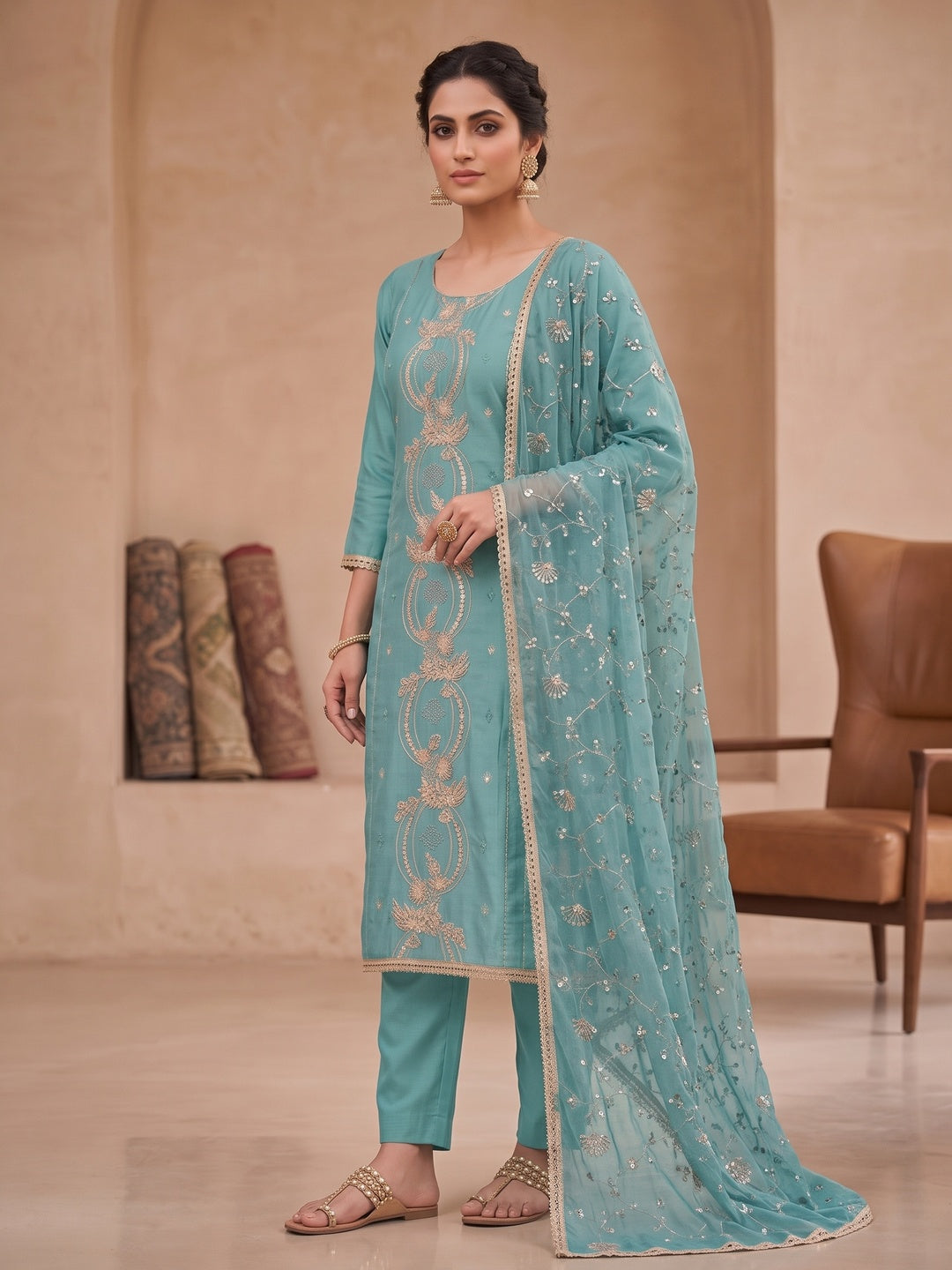 Peachmode Turquoise Unstitched Dress Material - Image 4