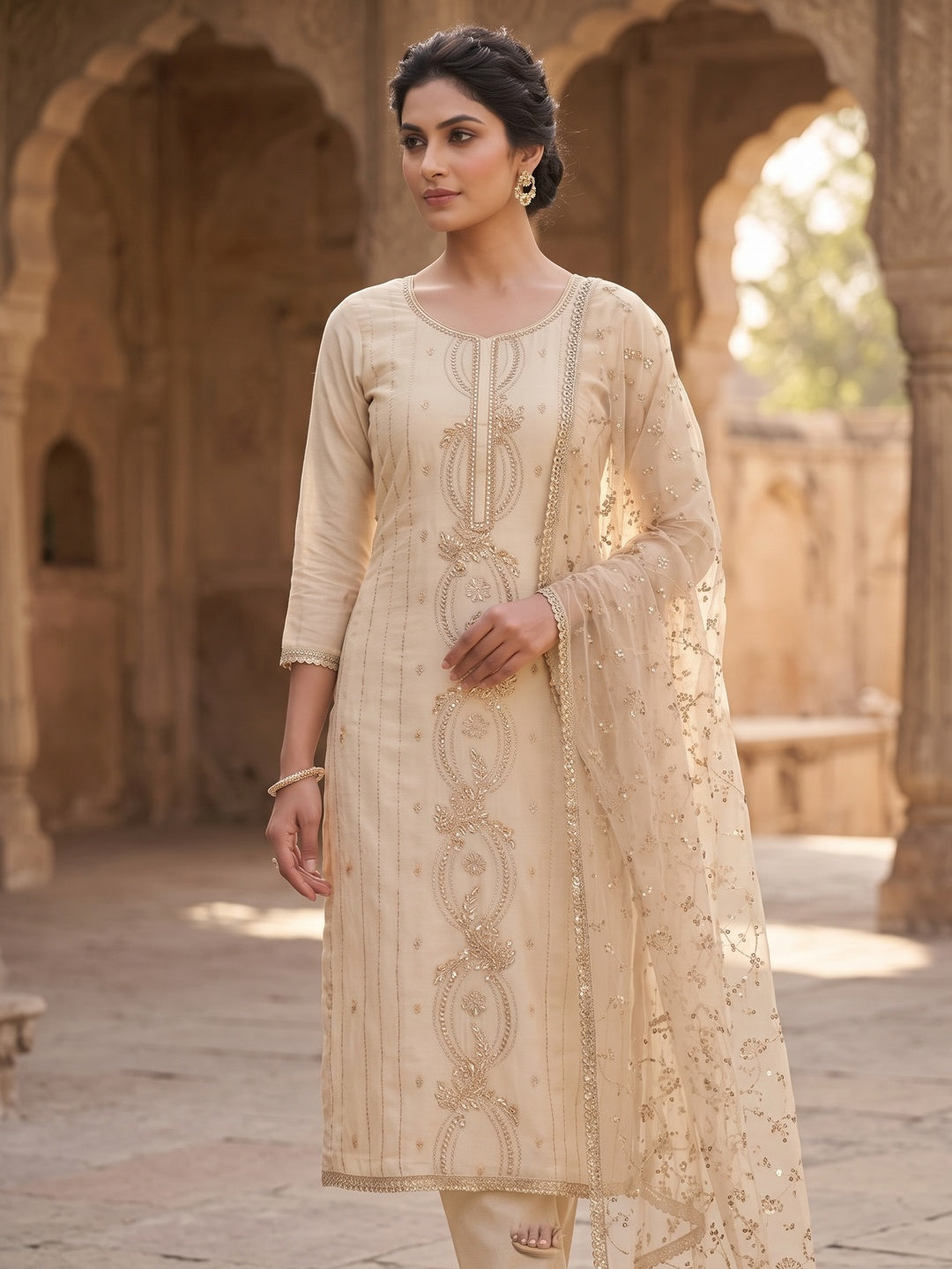 Peachmode Cream Unstitched Dress Material - Image 2