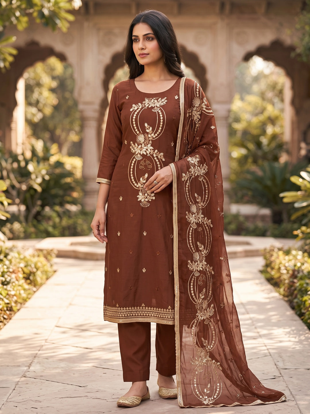 Peachmode Brown Unstitched Dress Material - Image 2