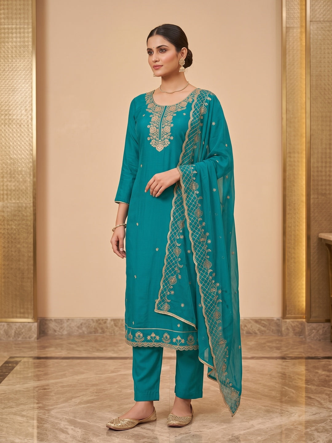 Peachmode Turquoise Unstitched Dress Material - Image 2