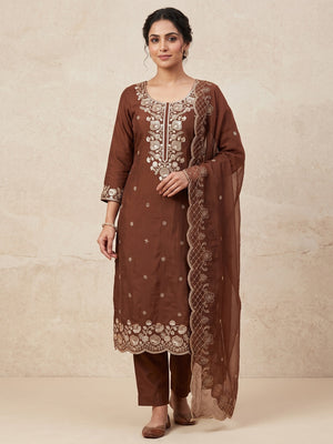 Peachmode Brown Unstitched Dress Material - Image 2
