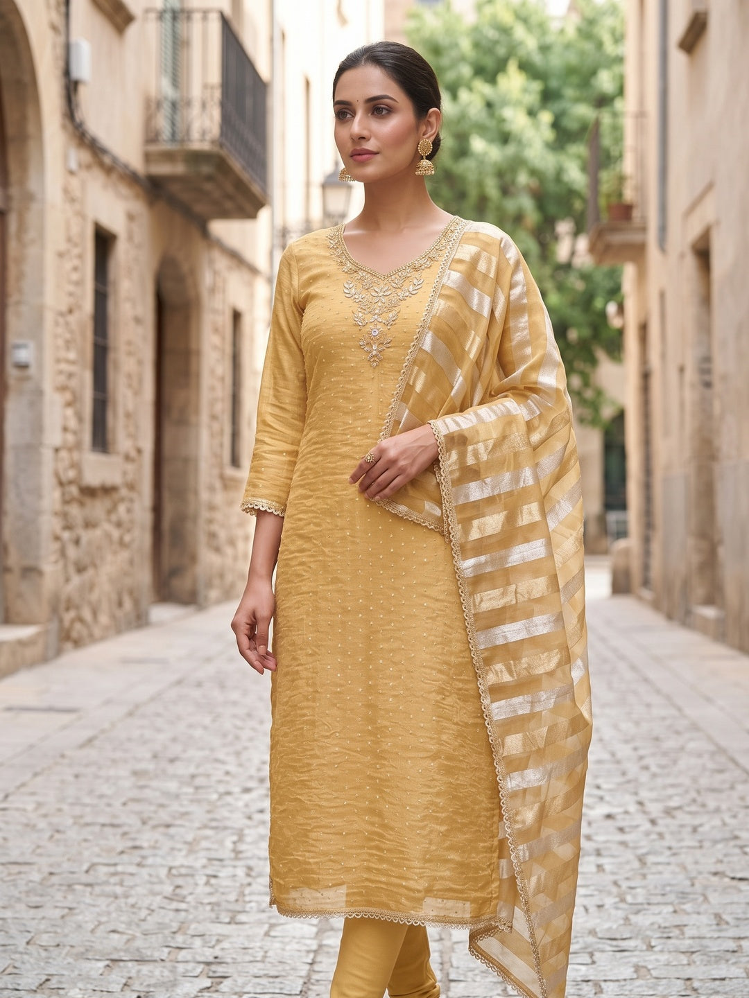 Peachmode Yellow Unstitched Dress Material - Image 2