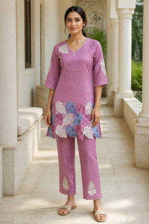 Peachmode Pink Chinon Blend Leaf Embroidered Top Bottom Set - Image 1