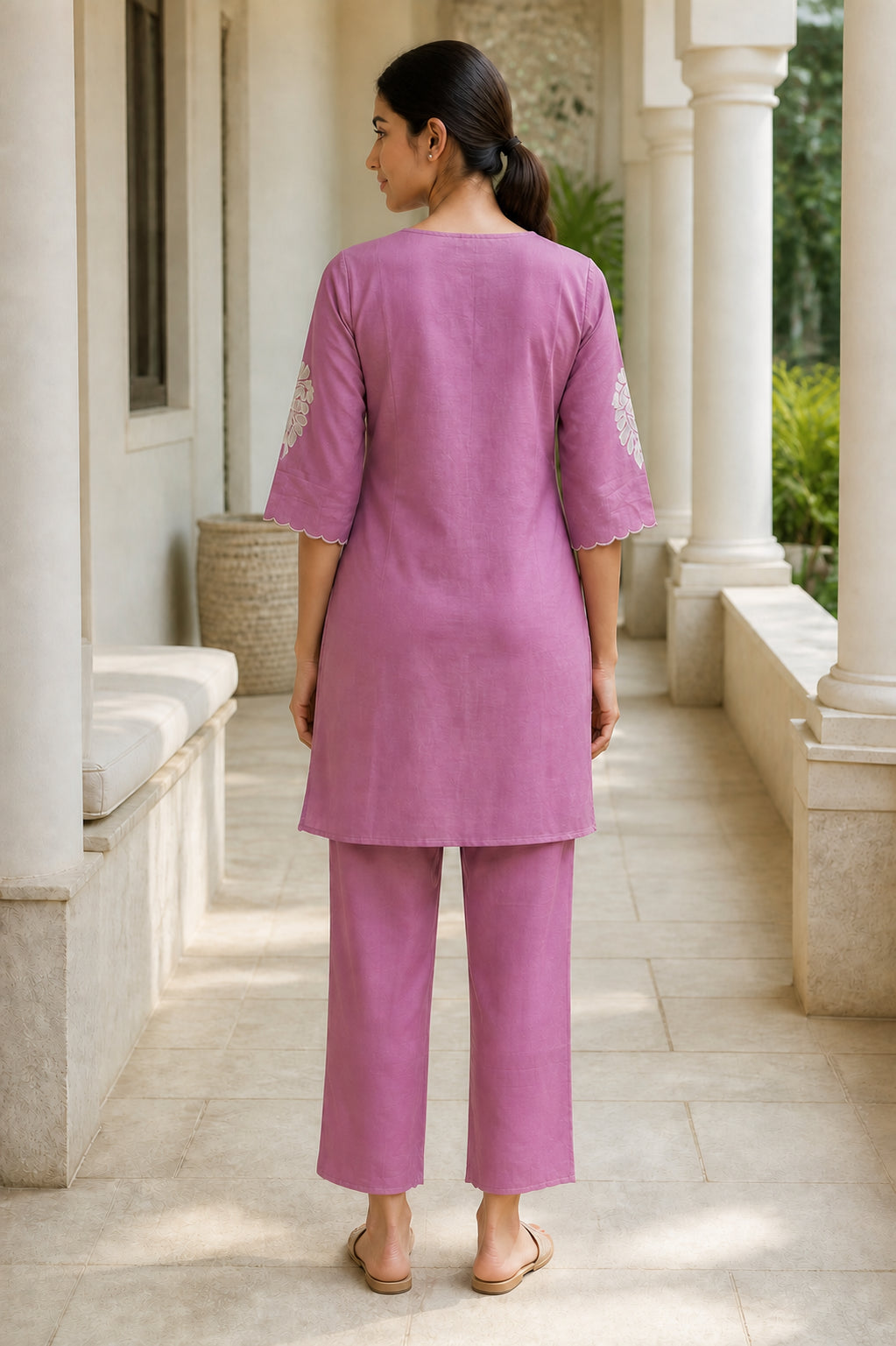 Peachmode Pink Chinon Blend Leaf Embroidered Top Bottom Set - Image 4