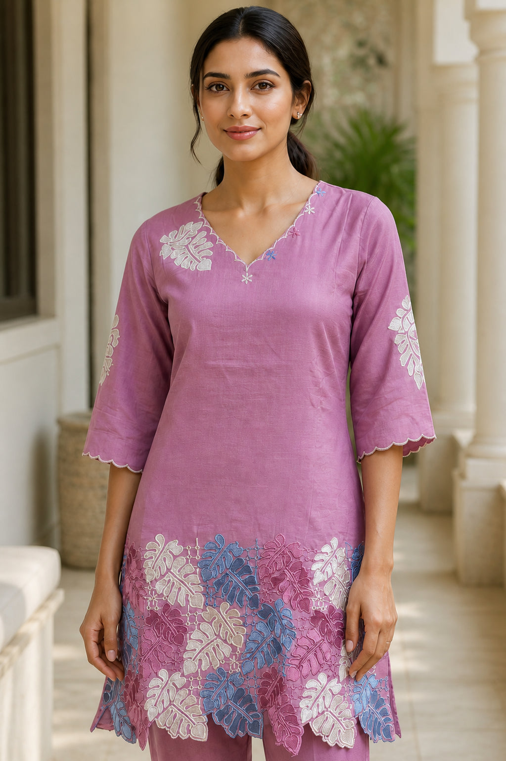 Peachmode Pink Chinon Blend Leaf Embroidered Top Bottom Set - Image 5