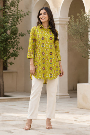 Peachmode Olive Rayon Ikat Printed Long Shirt - Image 1