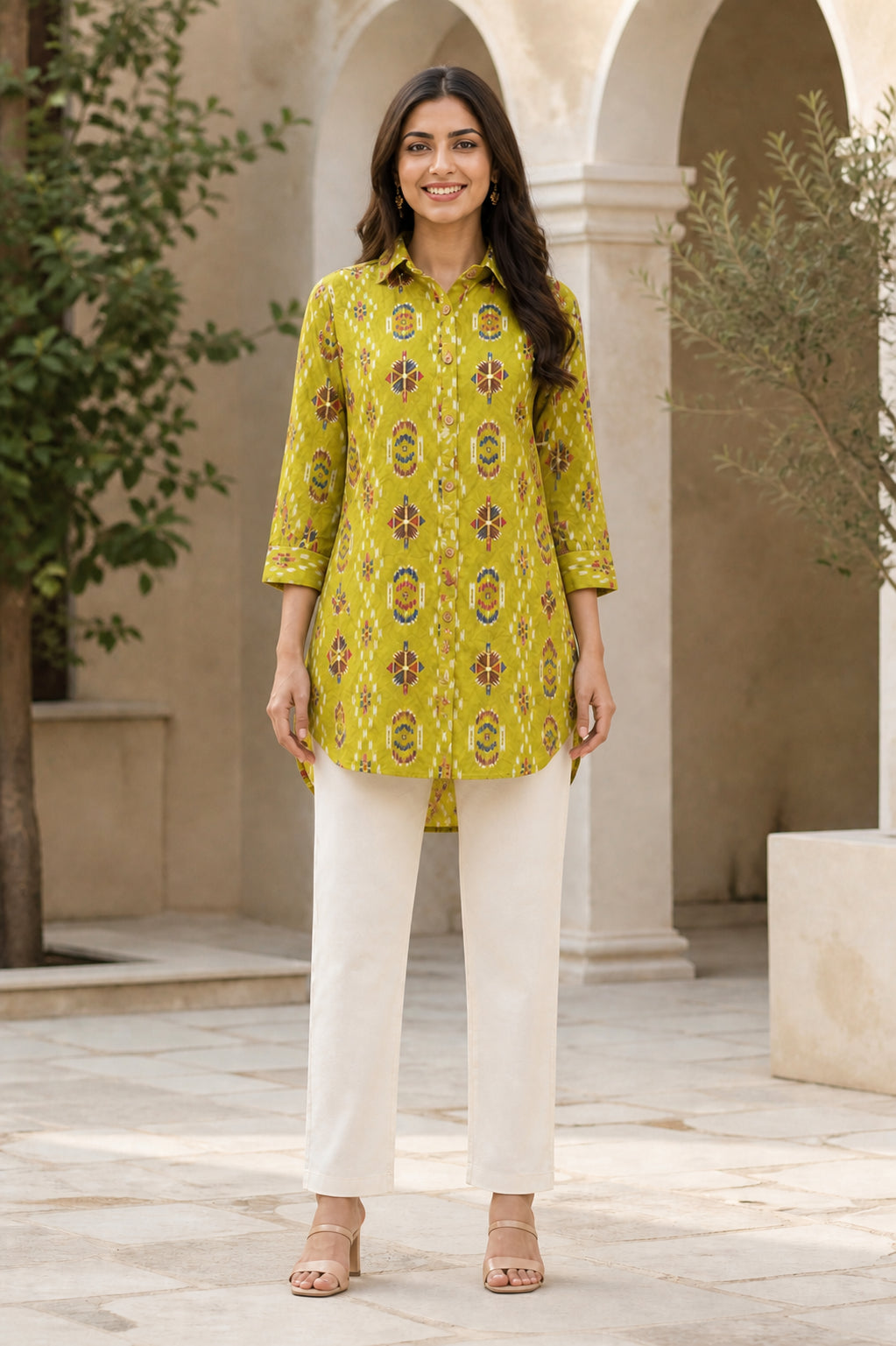 Peachmode Olive Rayon Ikat Printed Long Shirt - Image 2