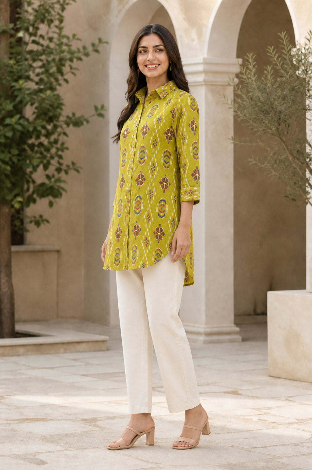 Peachmode Olive Rayon Ikat Printed Long Shirt - Image 3