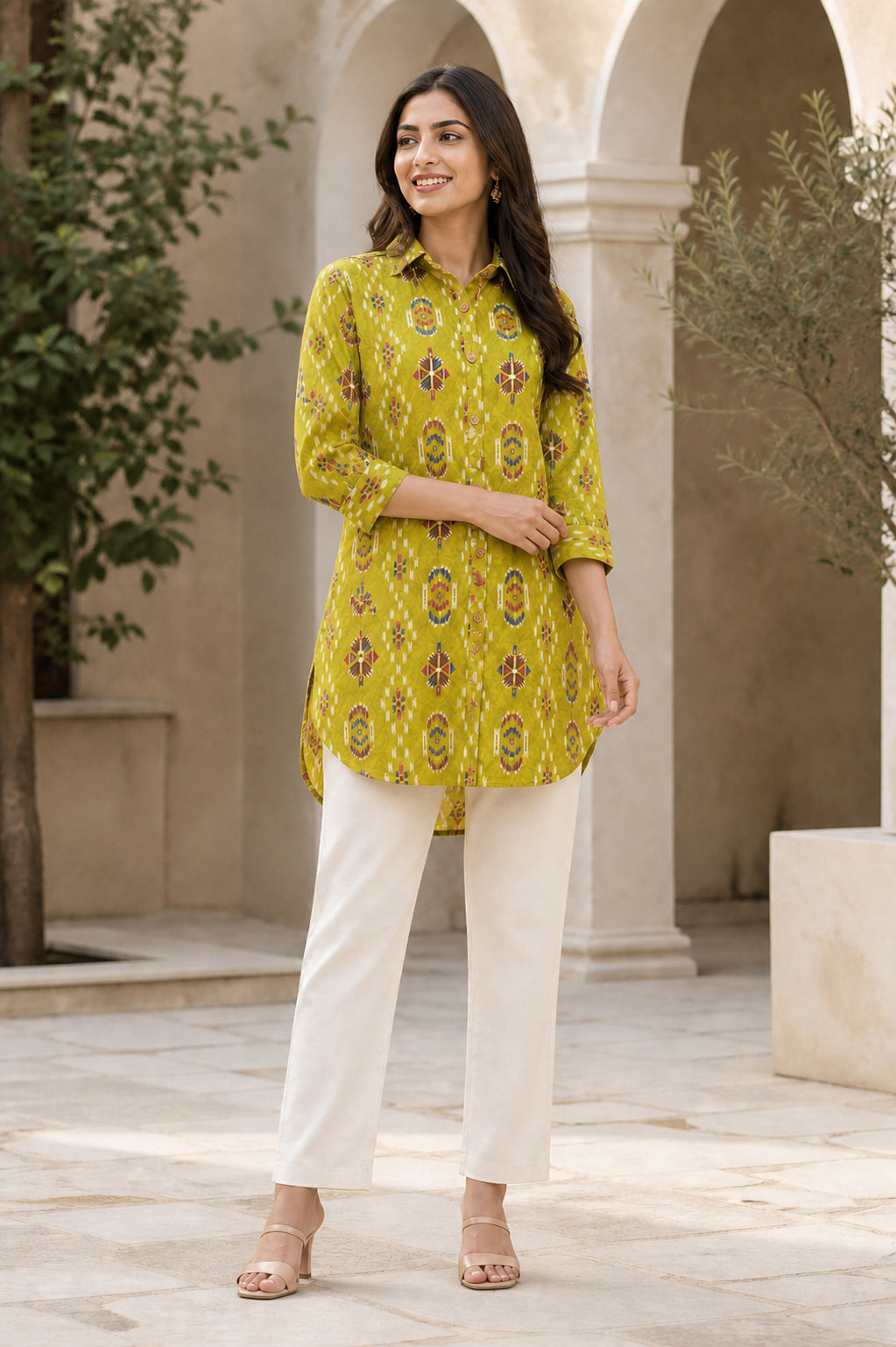 Peachmode Olive Rayon Ikat Printed Long Shirt - Image 5