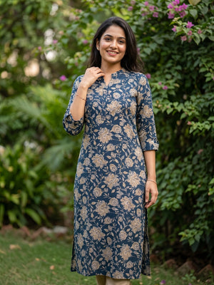 Navy Blue Floral Printed Viscose Straight-Fit Kurti for Office and Casual Wear - Image 1
