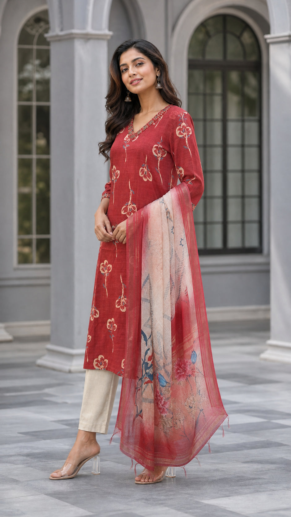 Peachmode Maroon Viscose Blend Floral Printed Salwar Suit - Image 3