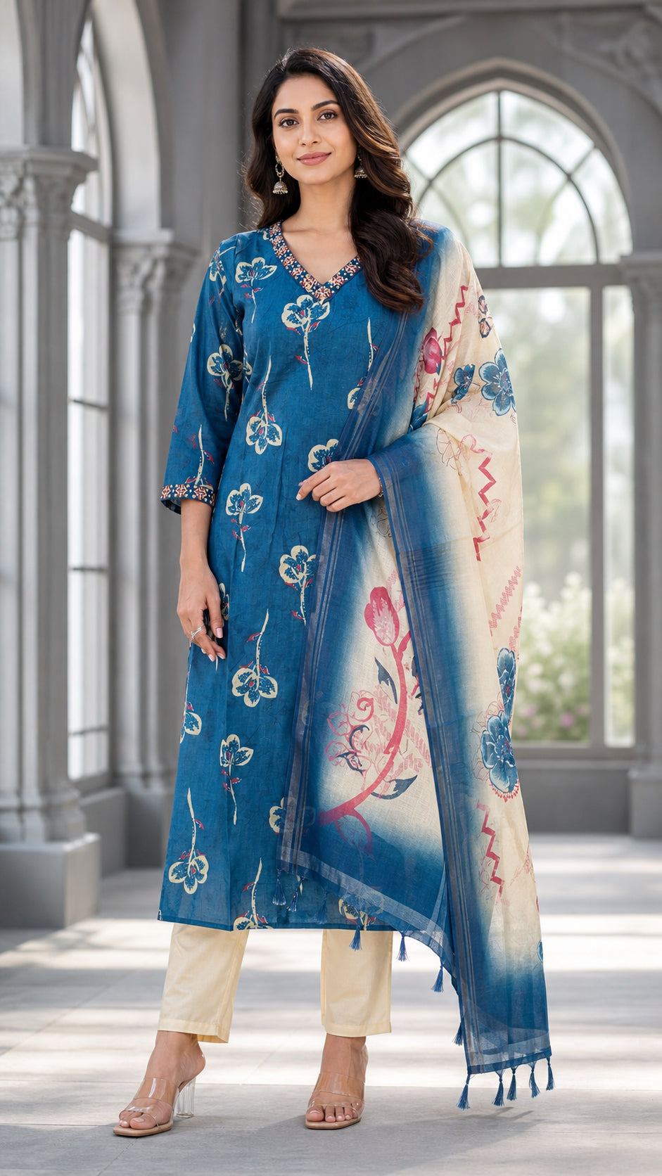 Peachmode Peacock Blue Viscose Blend Floral Printed Salwar Suit - Image 1